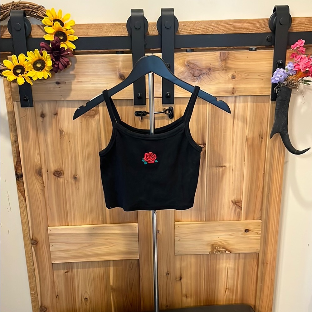 Vibe N’ Black Crop Top with Red Rose Detail